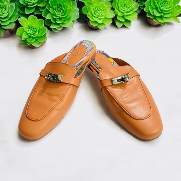 Hermes Alike Peach Leather Palladium Plated Oz Flat Mules Size 39, size 8 US - Picture 1 of 13